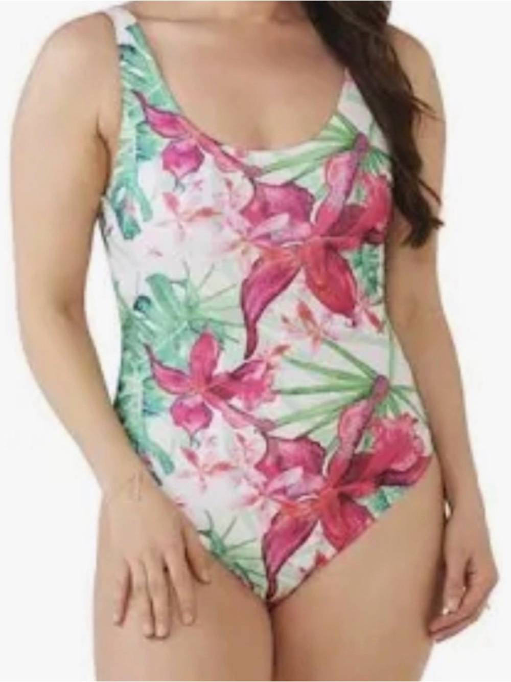 Nicole Miller White One-Piece Swimsuit with Pink Floral and Green Leaves
